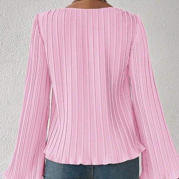 Baby Pink Boho Womens Solid Lettuce Trim Plisse Trumpet Sleeve Blouse - Picture 2 of 5